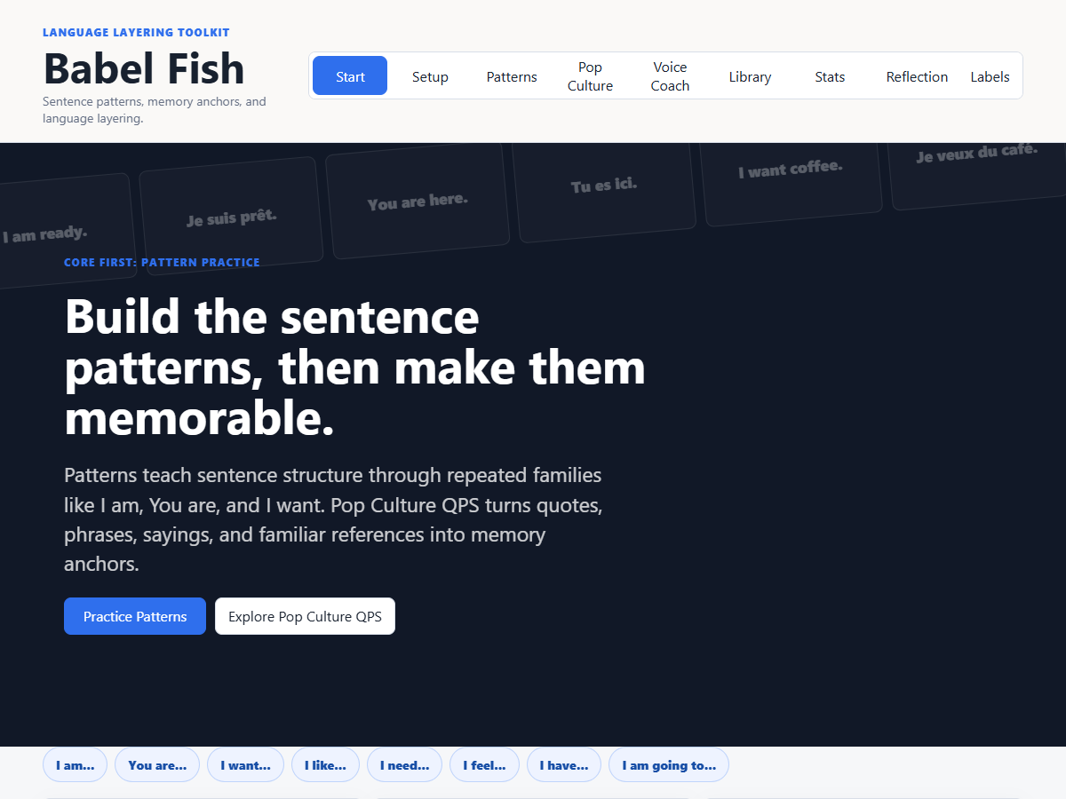 Babel Fish prototype start screen with French sentence patterns and practice navigation