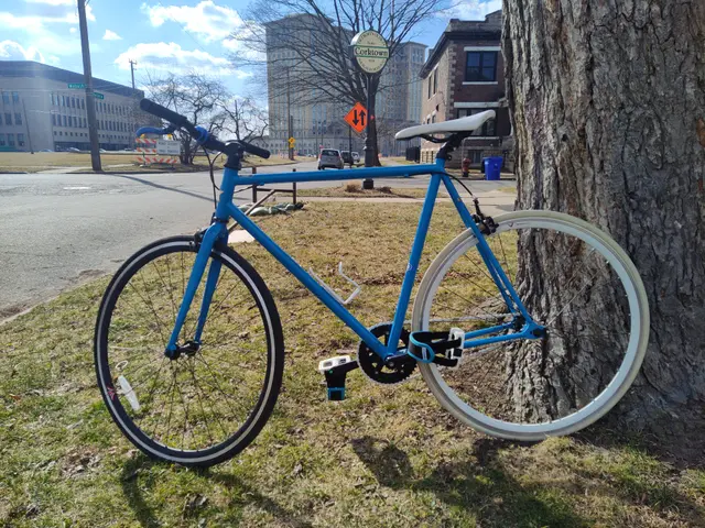 Blue bicycle beside a tree
