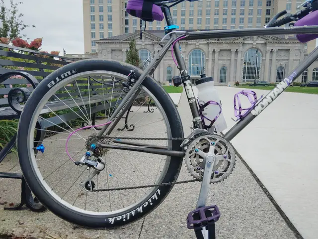 Close view of silver bike frame and purple pedals