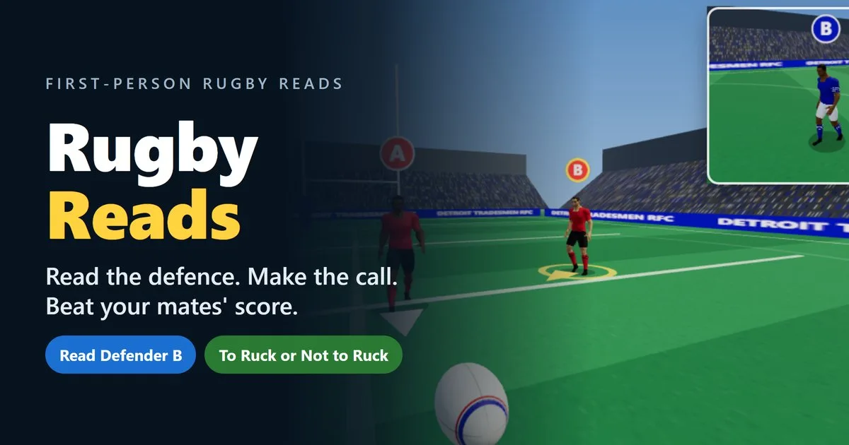 Rugby Reads title card over a first-person view of a rugby pitch, with Read Defender B and To Ruck or Not to Ruck buttons