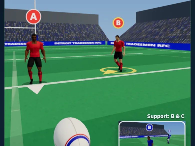 October 2026 Rugby Reads: live 3D players, labelled A and B, with the ball in the foreground