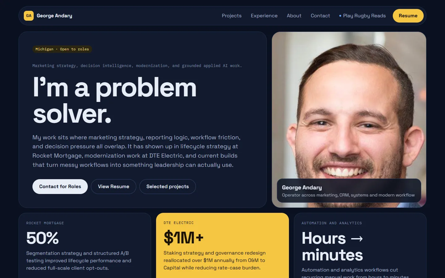 The October 2026 homepage: "I'm a problem solver." beside George's photo on a dark navy background