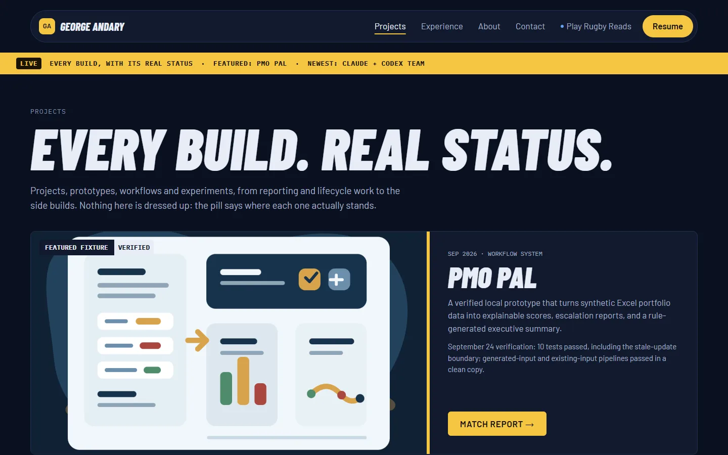 The October 2026 Projects page, listing every build with a status pill